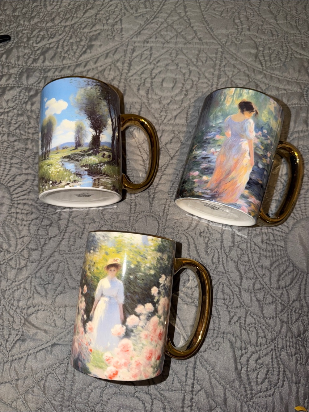 Gold-Handle Impressionist Floral Ceramic Mug - White/Pastel never used with tags
